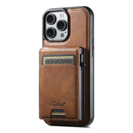 For iPhone 12 Pro Suteni H19 Oil Wax 2-in-1 MagSafe Removable Card Box Back Phone Case(Brown) by Suteni