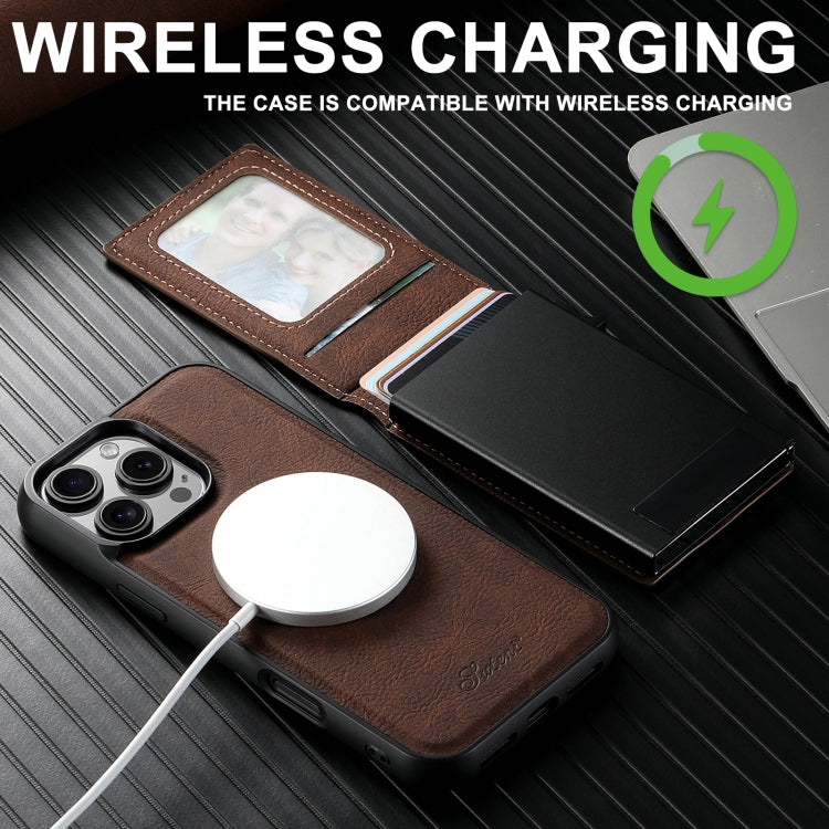 For iPhone 15 Pro Suteni H19 Litchi Grain 2-in-1 MagSafe Removable Card Box Back Phone Case(Brown) by Suteni