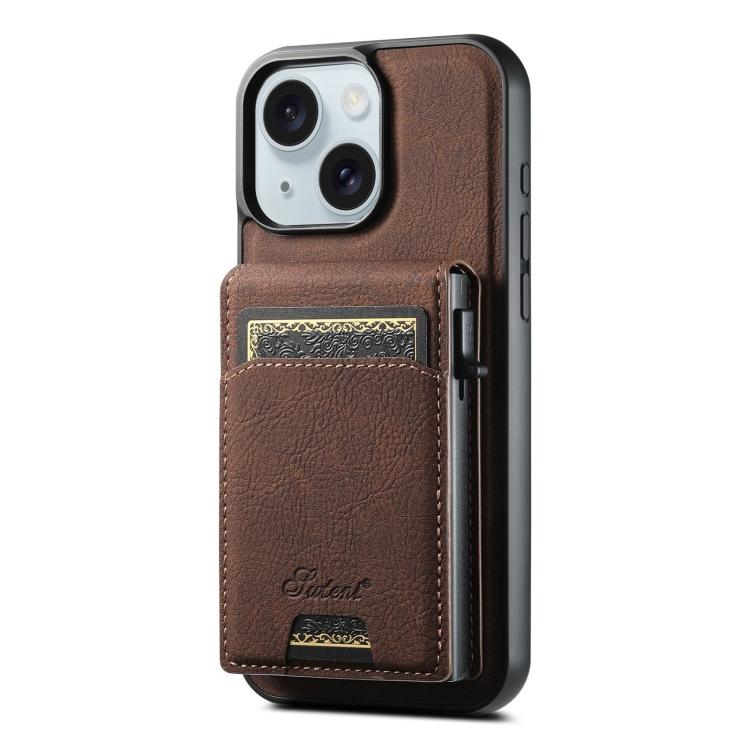 For iPhone 15 Suteni H19 Litchi Grain 2-in-1 MagSafe Removable Card Box Back Phone Case(Brown) by Suteni