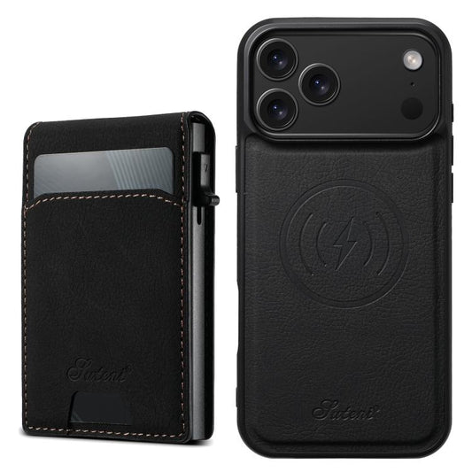 For iPhone 17 Pro Suteni H19 Litchi Grain 2-in-1 MagSafe Removable Card Box Back Phone Case(Black) by Suteni