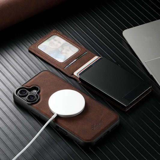 For iPhone 17 Suteni H19 Litchi Grain 2-in-1 MagSafe Removable Card Box Back Phone Case(Brown) by Suteni
