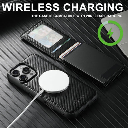 For iPhone 15 Pro Max Suteni H19 Carbon Fiber Grain 2-in-1 MagSafe Removable Card Box Back Phone Case(Black) by Suteni