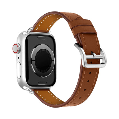 For Apple Watch 46mm / 49mm / 45mm / 44mm Classic Connector Buckle Slim Cow Real Leather Watch Band(Light Brown) by bashfashion