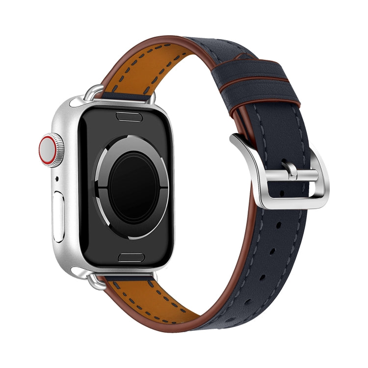 For Apple Watch 42mm / 41mm / 40mm / 38mm Classic Connector Buckle Slim Cow Real Leather Watch Band(Dark Blue) by bashfashion