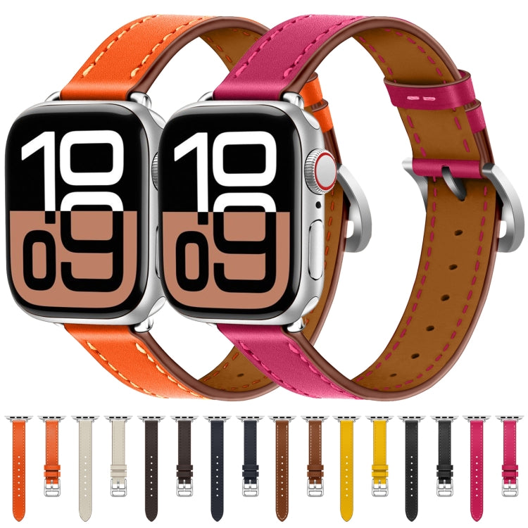 For Apple Watch 46mm / 49mm / 45mm / 44mm Classic Connector Buckle Slim Cow Real Leather Watch Band(Rose Red) by bashfashion