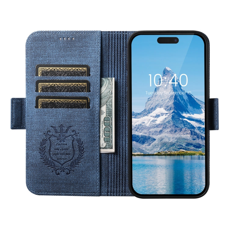 For iPhone 16 Plus Suteni J07 Multi-functional Horizontal MagSafe Denim Leather Phone Case(Blue) by Suteni