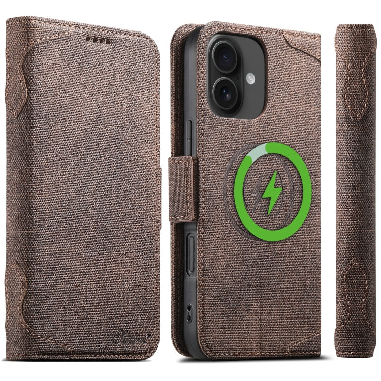 For iPhone 16 Suteni J07 Multi-functional Horizontal MagSafe Denim Leather Phone Case(Brown) by Suteni