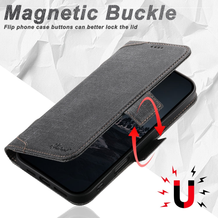 For iPhone 15 Pro Suteni J07 Multi-functional Horizontal MagSafe Denim Leather Phone Case(Black) by Suteni