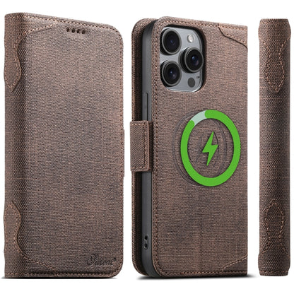 For iPhone 15 Pro Suteni J07 Multi-functional Horizontal MagSafe Denim Leather Phone Case(Brown) by Suteni