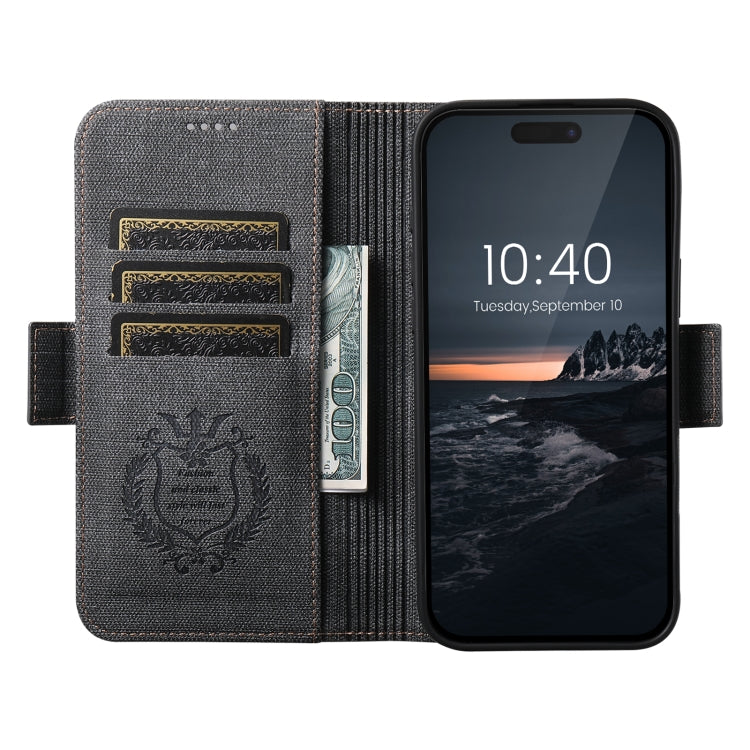 For iPhone 15 Plus Suteni J07 Multi-functional Horizontal MagSafe Denim Leather Phone Case(Black) by Suteni