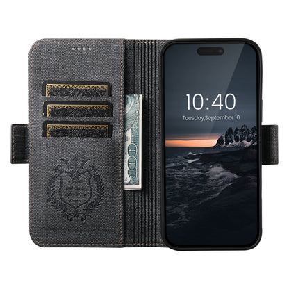 For iPhone 15 Suteni J07 Multi-functional Horizontal MagSafe Denim Leather Phone Case(Black) by Suteni