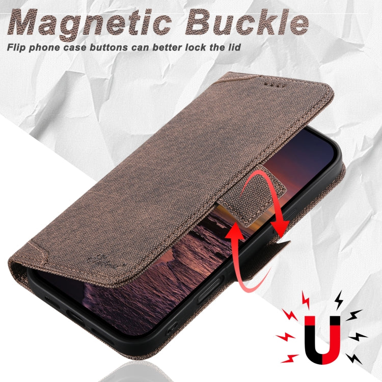 For iPhone 15 Suteni J07 Multi-functional Horizontal MagSafe Denim Leather Phone Case(Brown) by Suteni