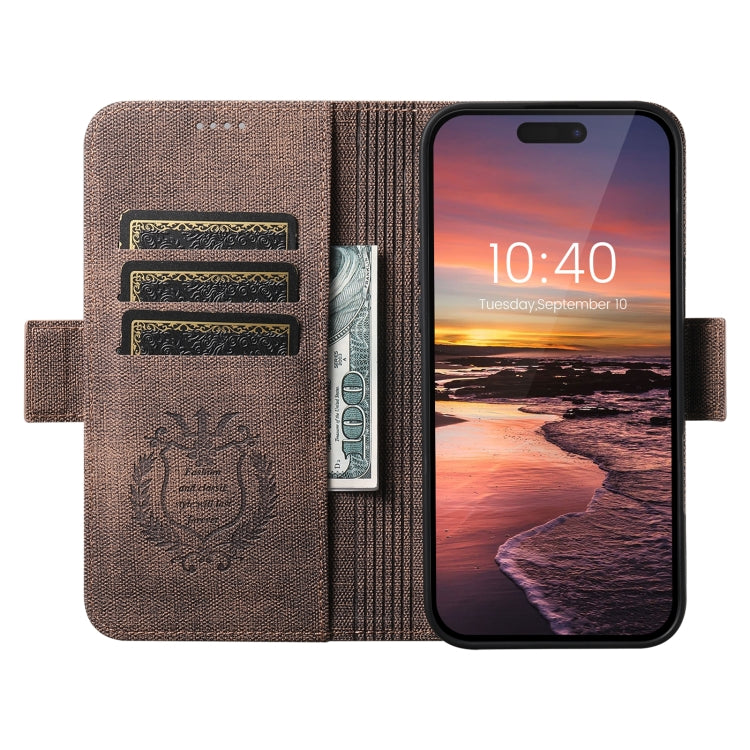 For iPhone 15 Suteni J07 Multi-functional Horizontal MagSafe Denim Leather Phone Case(Brown) by Suteni