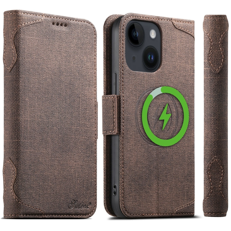 For iPhone 14 Suteni J07 Multi-functional Horizontal MagSafe Denim Leather Phone Case(Brown) by Suteni