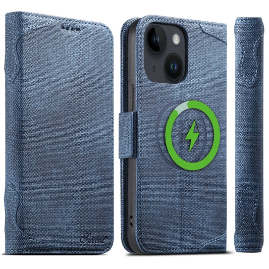 For iPhone 13 Suteni J07 Multi-functional Horizontal MagSafe Denim Leather Phone Case(Blue) by Suteni