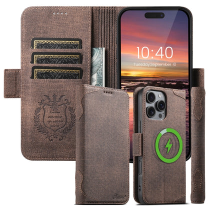 For iPhone 15 Suteni J07 Multi-functional Horizontal MagSafe Denim Leather Phone Case(Brown) by Suteni