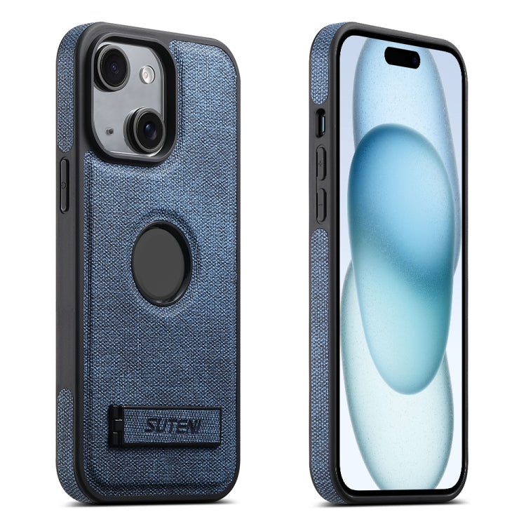 For iPhone 15 Suteni G2 Holder Denim Leather Back MagSafe Phone Case(Blue) by Suteni