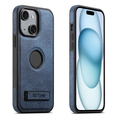 For iPhone 15 Suteni G2 Holder Denim Leather Back MagSafe Phone Case(Blue) by Suteni
