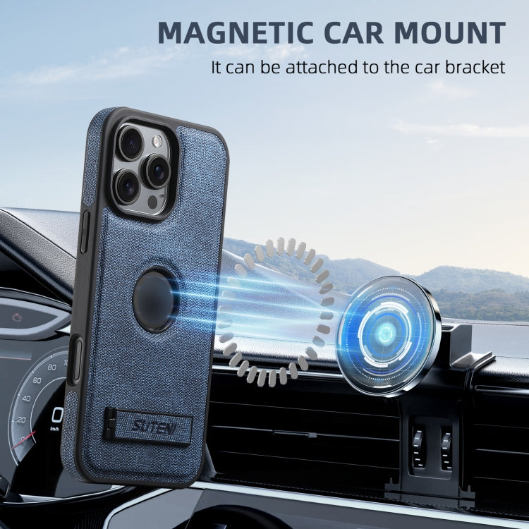 For iPhone 15 Suteni G2 Holder Denim Leather Back MagSafe Phone Case(Blue) by Suteni