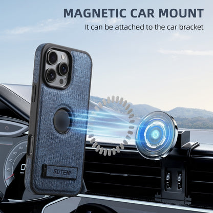 For iPhone 15 Suteni G2 Holder Denim Leather Back MagSafe Phone Case(Blue) by Suteni