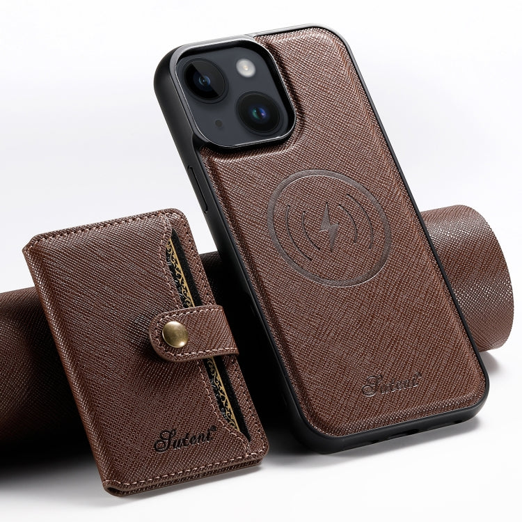 For iPhone 14 Plus Suteni H20 Cross-Grain MagSafe Horizontal Card Bag Back Phone Case(Brown) by Suteni