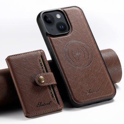 For iPhone 14 Plus Suteni H20 Cross-Grain MagSafe Horizontal Card Bag Back Phone Case(Brown) by Suteni