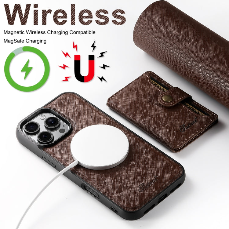 For iPhone 14 Plus Suteni H20 Cross-Grain MagSafe Horizontal Card Bag Back Phone Case(Brown) by Suteni