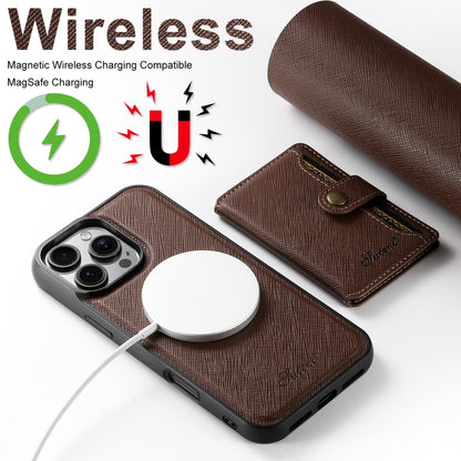 For iPhone 14 Plus Suteni H20 Cross-Grain MagSafe Horizontal Card Bag Back Phone Case(Brown) by Suteni