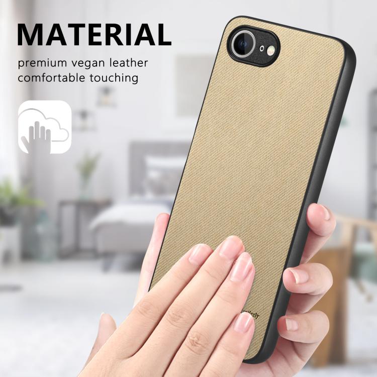 For iPhone 16e Twill Fabric Leather Skin Back Phone Case(Khaki) by bashfashion