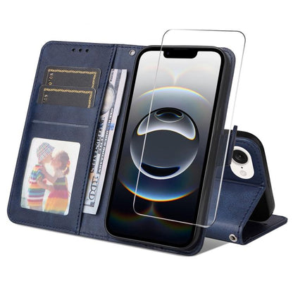 For iPhone 16e ENKAY Card Wallet Calf Texture Leather Phone Case with Screen Film(Blue) by ENKAY