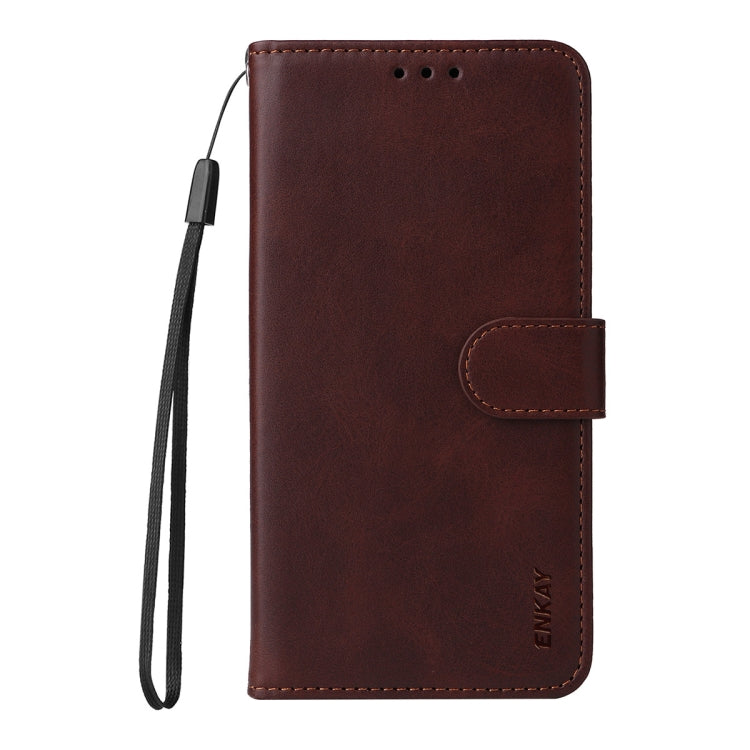 For iPhone 16e ENKAY Card Wallet Calf Texture Leather Phone Case with Screen Film(Brown) by ENKAY