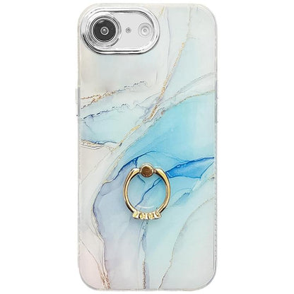 For iPhone 16e Electroplated Marble Texture Ring Holder Phone Case(Light Blue S5) by bashfashion