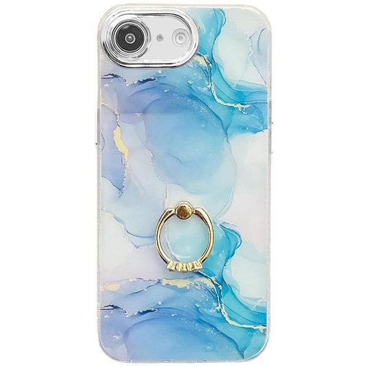 For iPhone 16e Electroplated Marble Texture Ring Holder Phone Case(Blue Green S9) by bashfashion