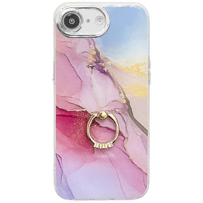 For iPhone 16e Electroplated Marble Texture Ring Holder Phone Case(Gold Pink Red S12) by bashfashion