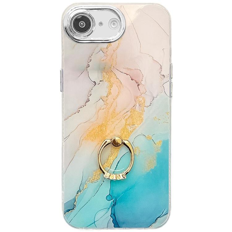 For iPhone 16e Electroplated Marble Texture Ring Holder Phone Case(Yellow Green S13) by bashfashion