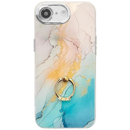 For iPhone 16e Electroplated Marble Texture Ring Holder Phone Case(Yellow Green S13) by bashfashion