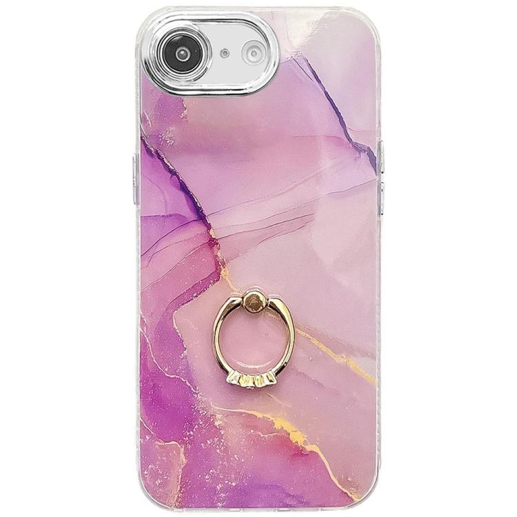 For iPhone 16e Electroplated Marble Texture Ring Holder Phone Case(Gold Purple Red S15) by bashfashion