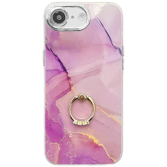 For iPhone 16e Electroplated Marble Texture Ring Holder Phone Case(Gold Purple Red S15) by bashfashion