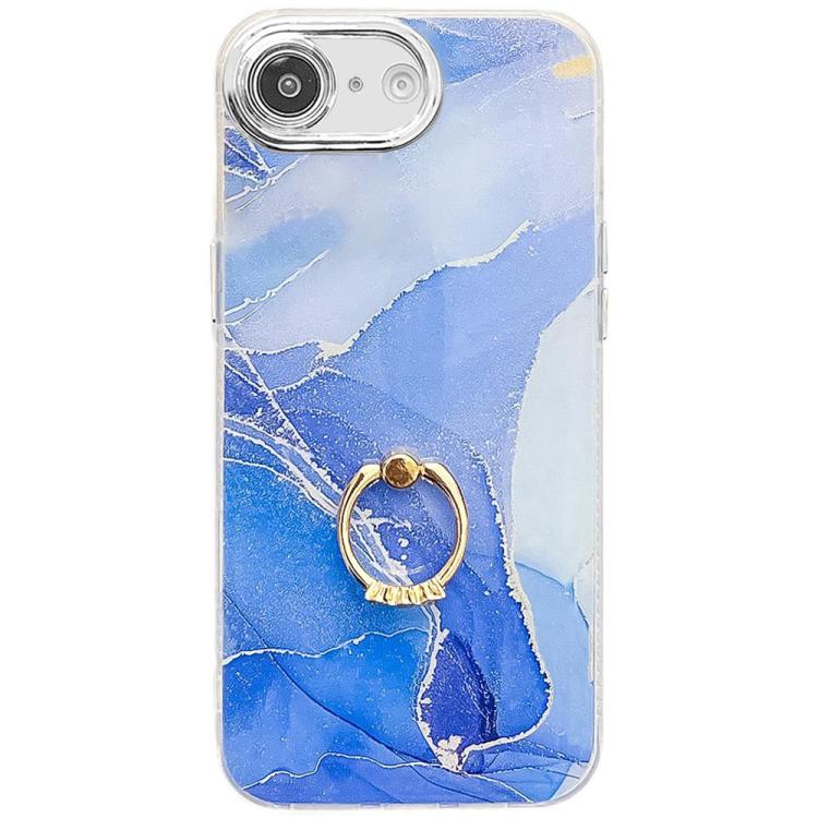 For iPhone 16e Electroplated Marble Texture Ring Holder Phone Case(Dark Blue S16) by bashfashion