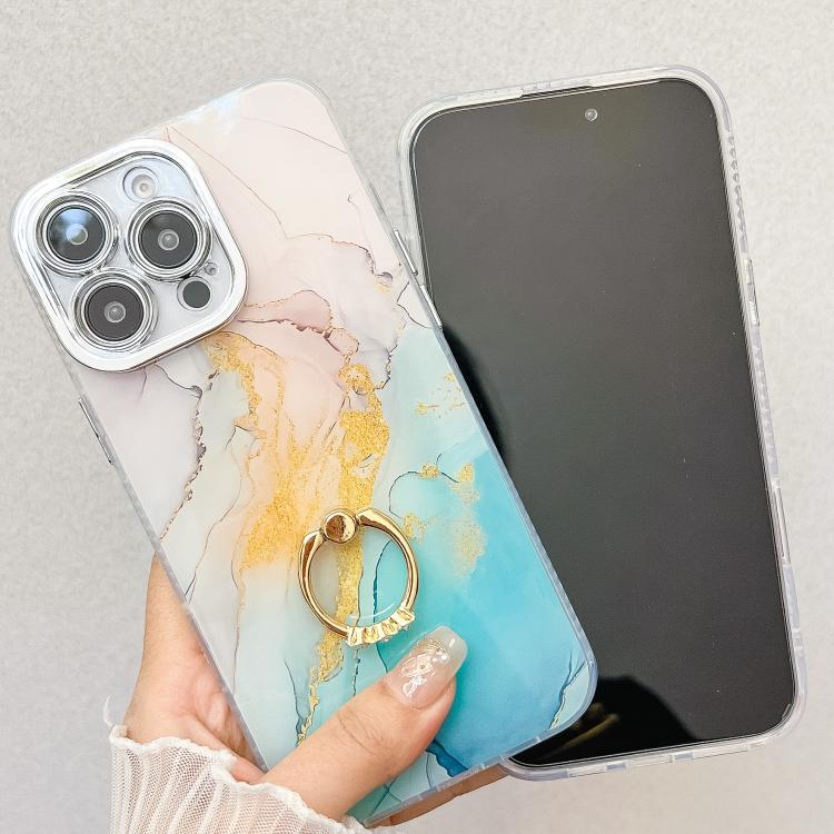 For iPhone 16e Electroplated Marble Texture Ring Holder Phone Case(Blue S11) by bashfashion