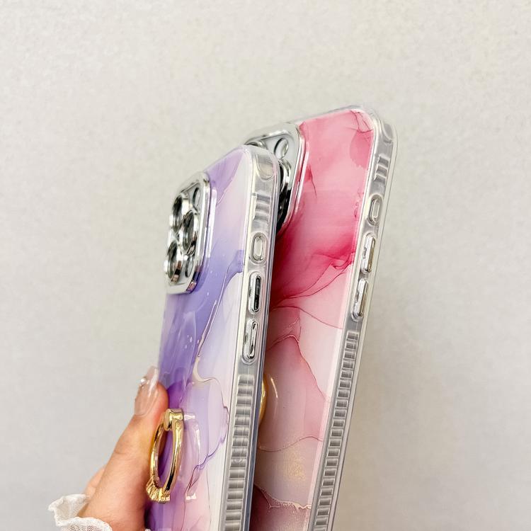 For iPhone 16e Electroplated Marble Texture Ring Holder Phone Case(Gold Pink Red S12) by bashfashion