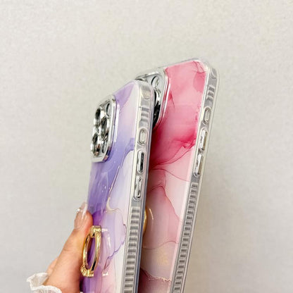 For iPhone 16e Electroplated Marble Texture Ring Holder Phone Case(Gold Pink Red S12) by bashfashion