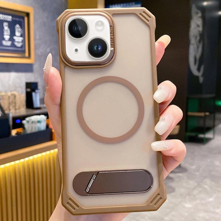 For iPhone 13 Skin Feel Frameless MagSafe PC Phone Case with Fold Holder(Desert Gold) by bashfashion