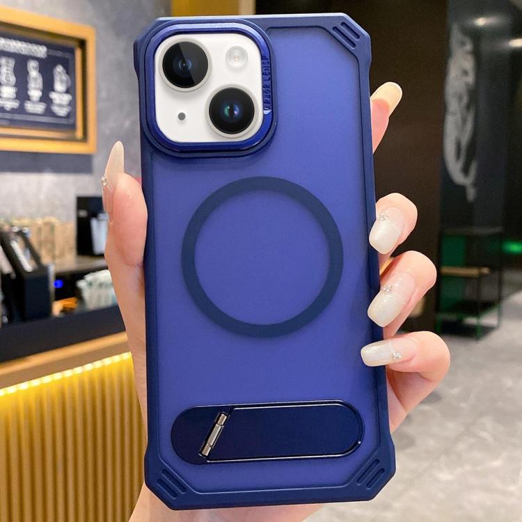 For iPhone 14 Skin Feel Frameless MagSafe PC Phone Case with Fold Holder(Blue) by bashfashion