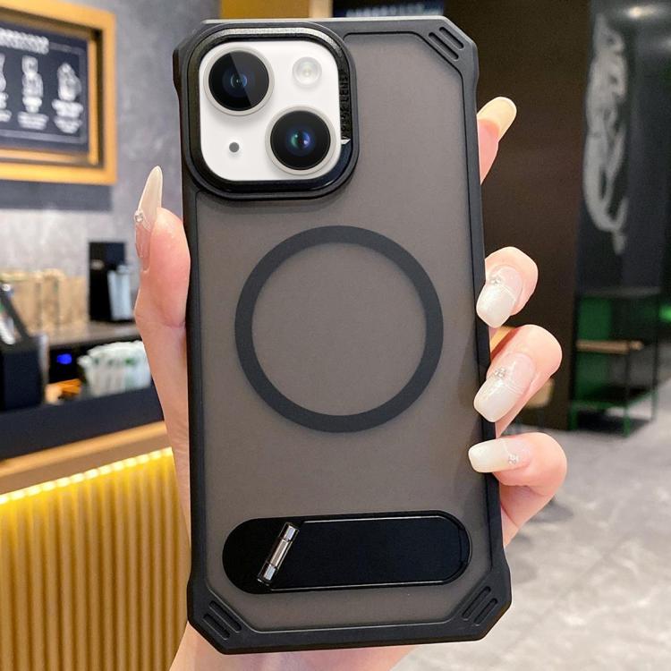 For iPhone 15 Skin Feel Frameless MagSafe PC Phone Case with Fold Holder(Black) by bashfashion