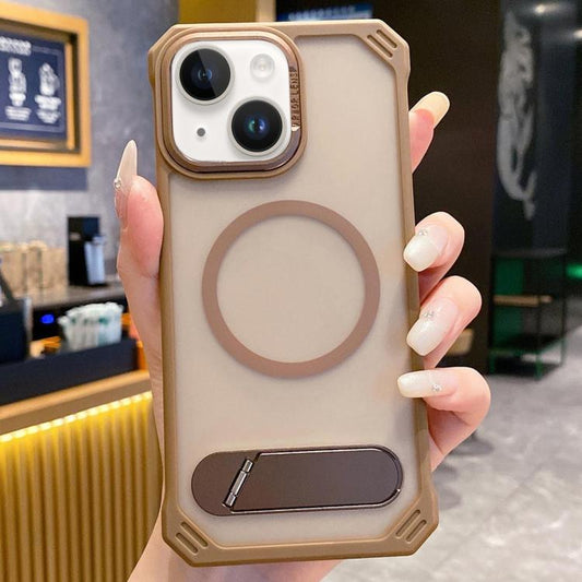 For iPhone 15 Skin Feel Frameless MagSafe PC Phone Case with Fold Holder(Desert Gold) by bashfashion