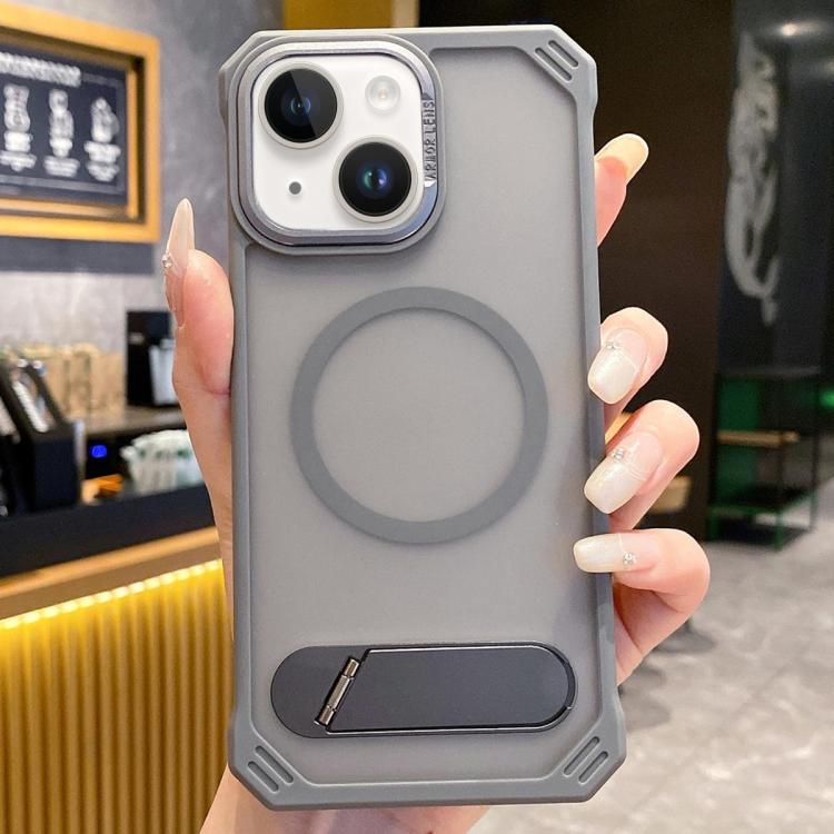 For iPhone 15 Skin Feel Frameless MagSafe PC Phone Case with Fold Holder(Grey) by bashfashion