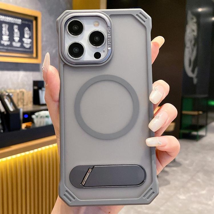 For iPhone 15 Pro Skin Feel Frameless MagSafe PC Phone Case with Fold Holder(Grey) by bashfashion