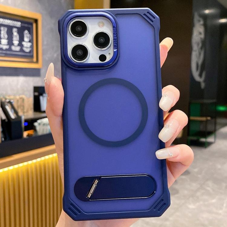 For iPhone 15 Pro Skin Feel Frameless MagSafe PC Phone Case with Fold Holder(Blue) by bashfashion