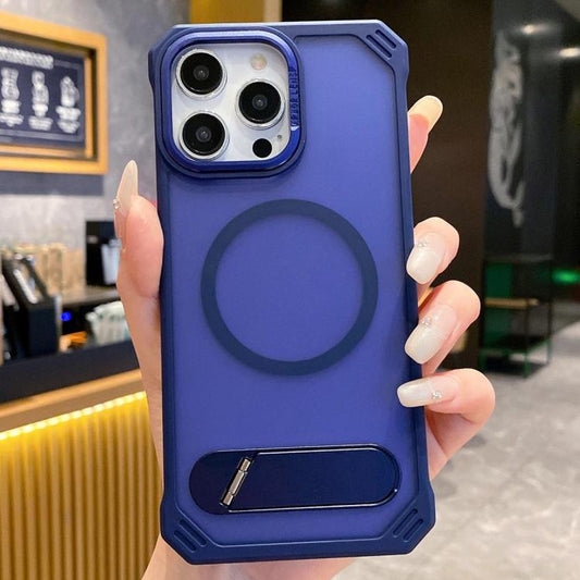 For iPhone 15 Pro Skin Feel Frameless MagSafe PC Phone Case with Fold Holder(Blue) by bashfashion